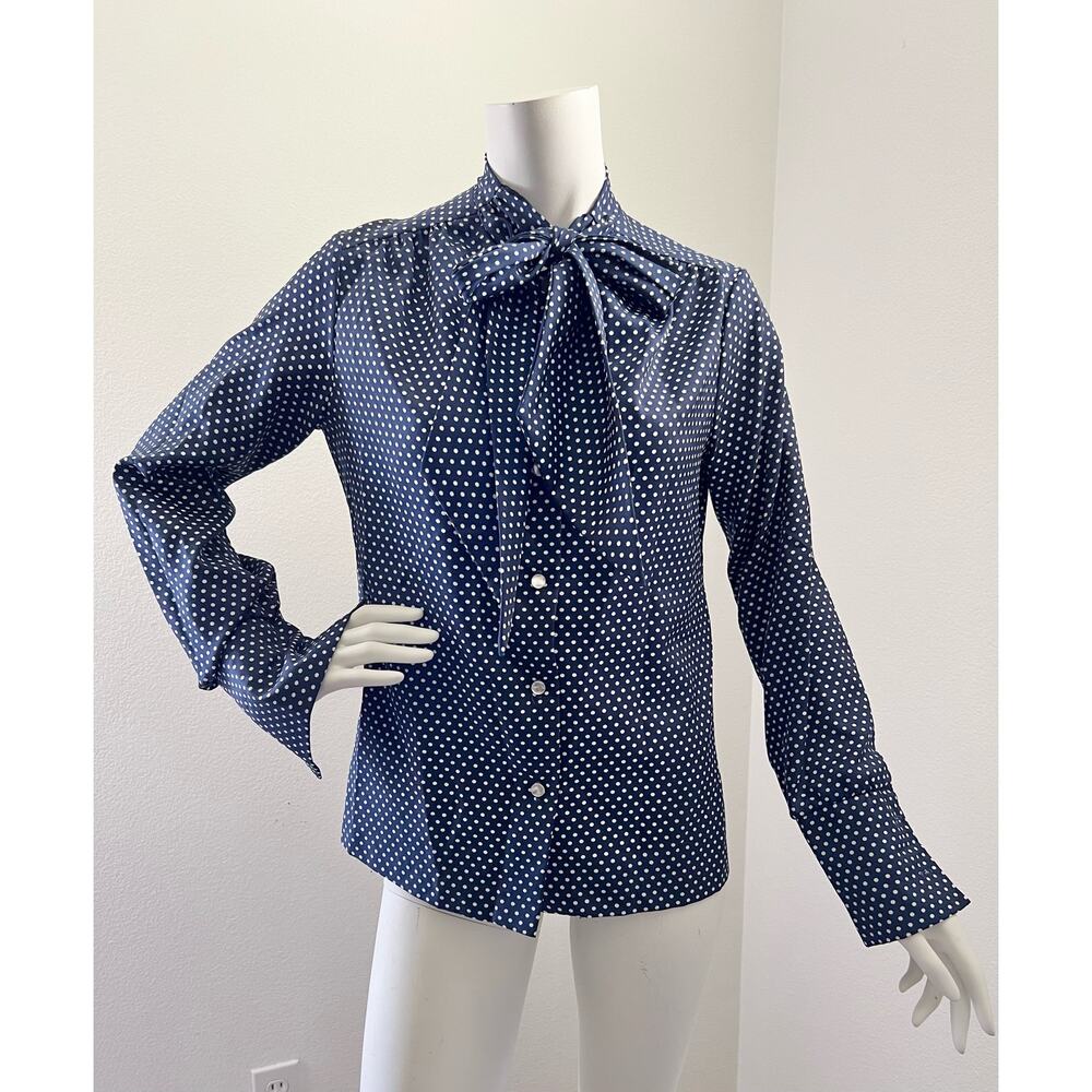 Vintage 70s Lee Mar Blouse Blue Polka Dot Secretary Blouse with Ascot Bow Medium